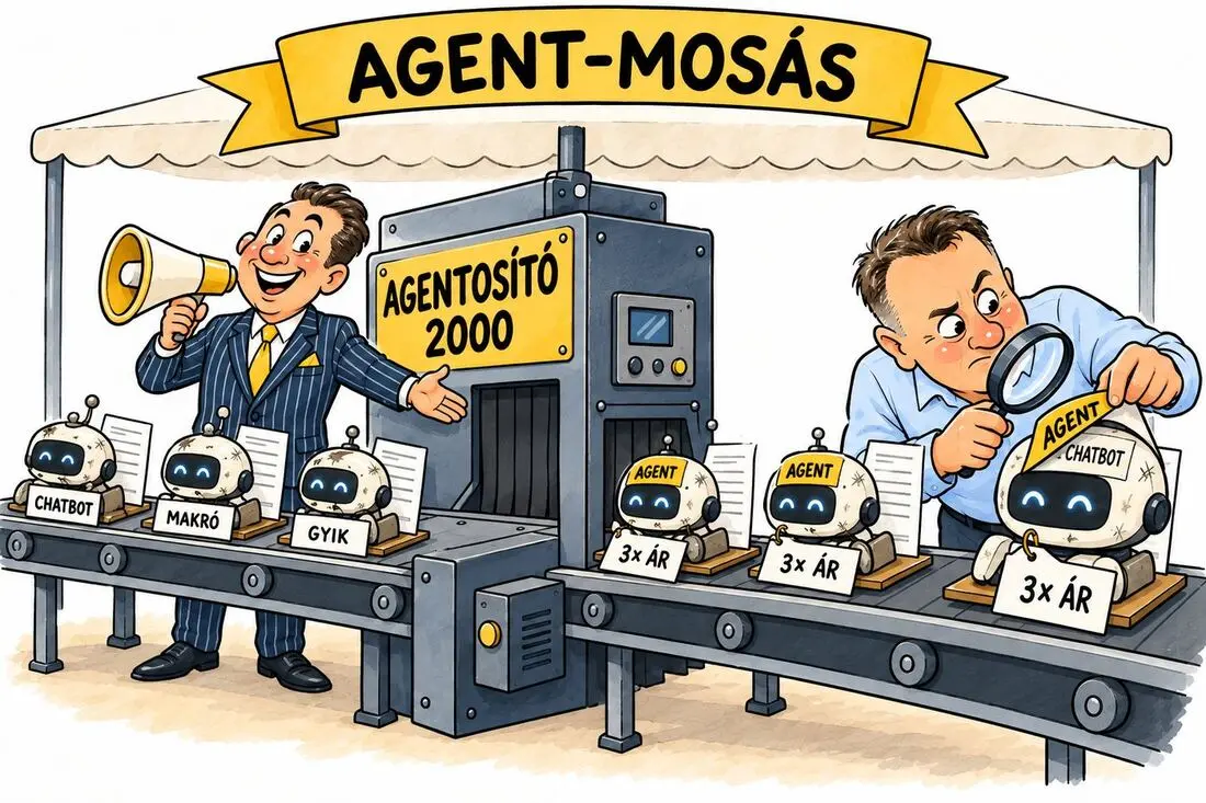 Karikatúra: egy Agentesítő 2000 gép a régi chatbotokra és makrókra AGENT címkét és háromszoros árat ragaszt