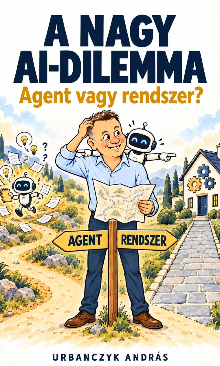 A nagy AI-dilemma borítója: a szerző karikatúrája egy útelágazásnál, AGENT és RENDSZER feliratú útjelző táblával, a vállán egy kis fehér robottal