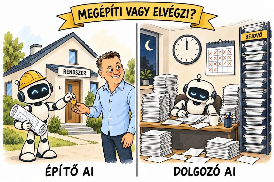 Karikatúra: bal oldalon egy robot építősisakban átadja a ház kulcsát, jobb oldalon egy robot éjjel papírhalmok között dolgozik