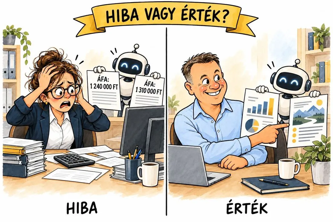 Karikatúra: bal oldalon egy kétségbeesett könyvelő két különböző áfaösszeggel, jobb oldalon egy elégedett vezető két különböző ötletes vázlattal